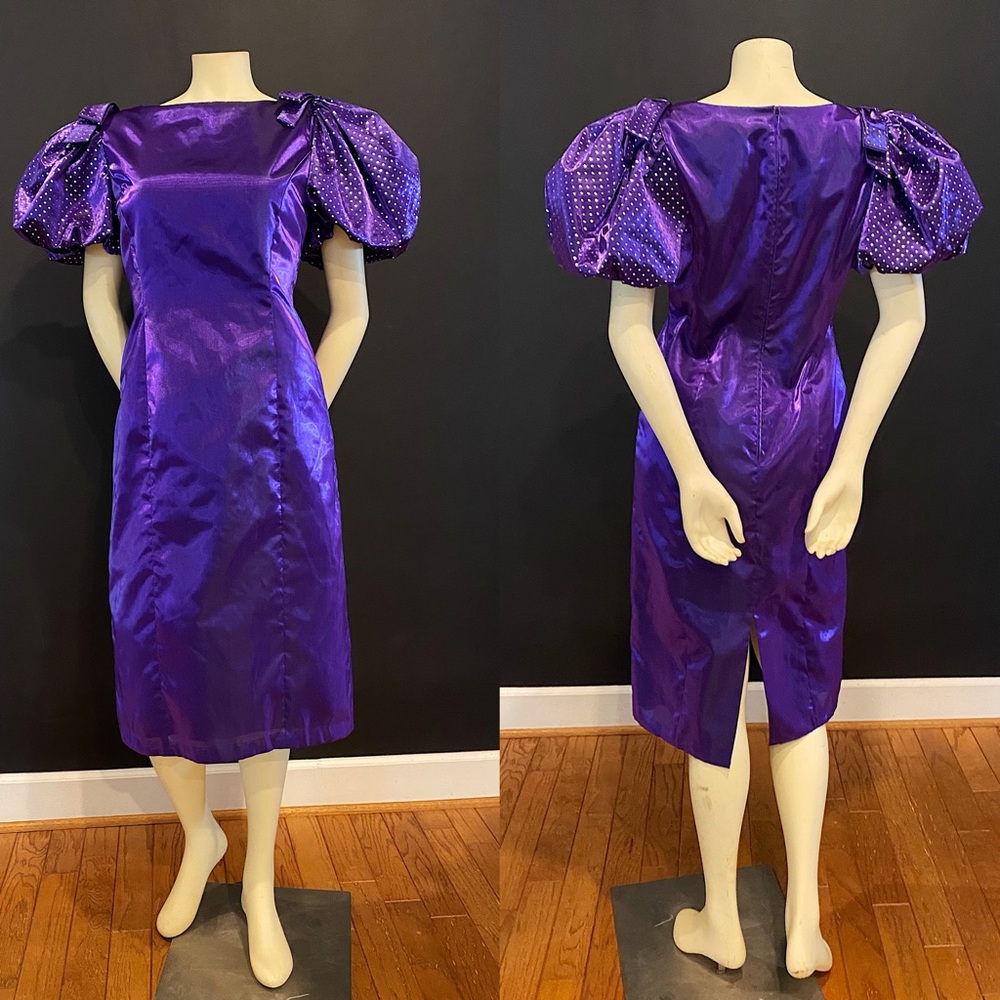 AMAZING Vintage Royal Purple Iridescent Statement Puff Sleeve Midi Dress - Picture 2 of 11